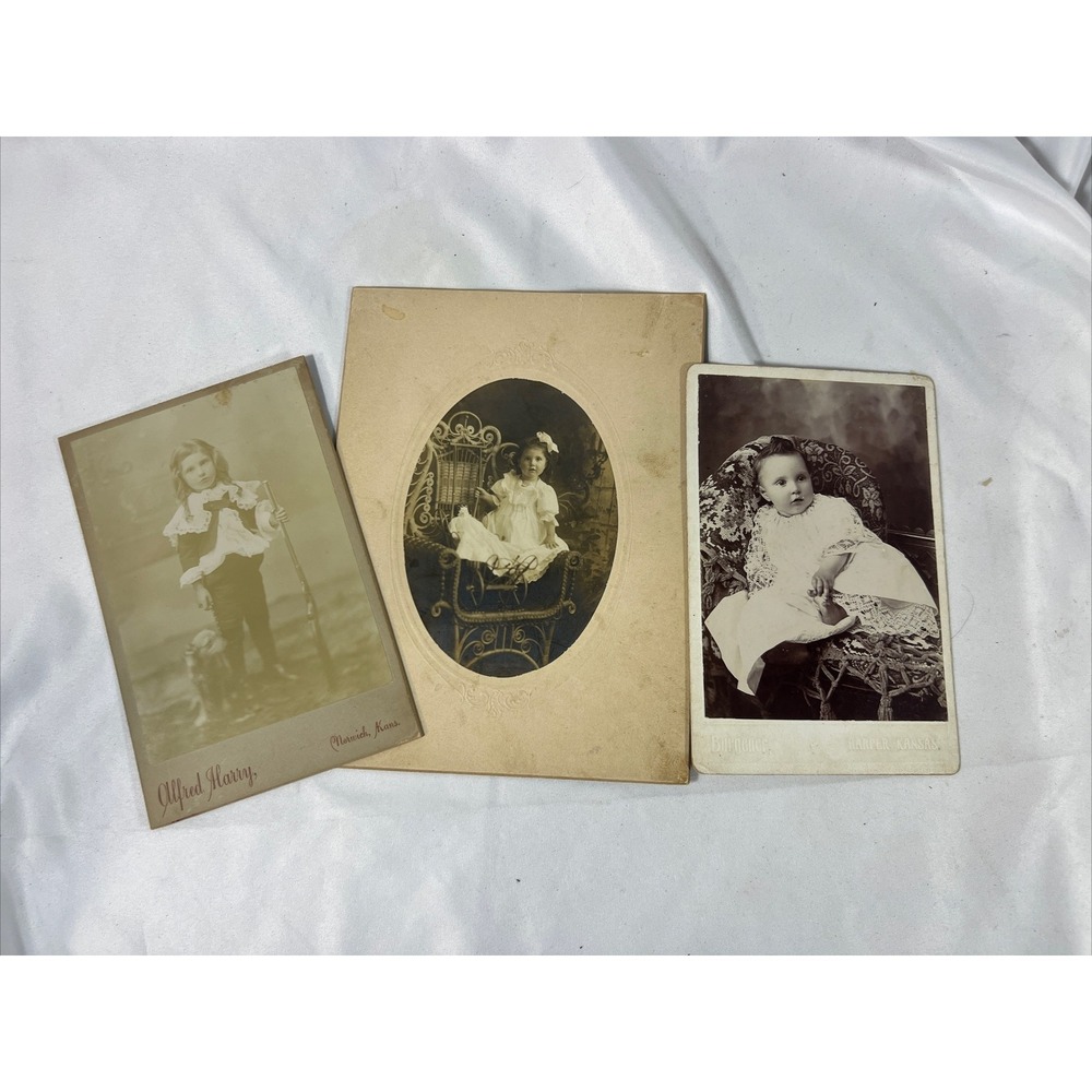 B&W Antique Cabinet Card  Photos - Young Girls/toddler  - Victorian/Edwardian X3